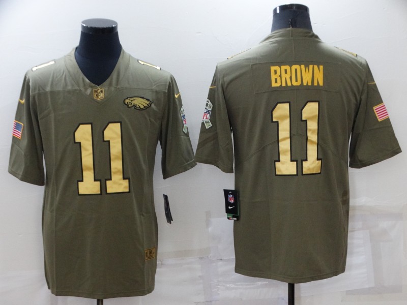 Men's Philadelphia Eagles #11 A. J. Brown Olive/Gold Salute To Service Limited Stitched Jersey